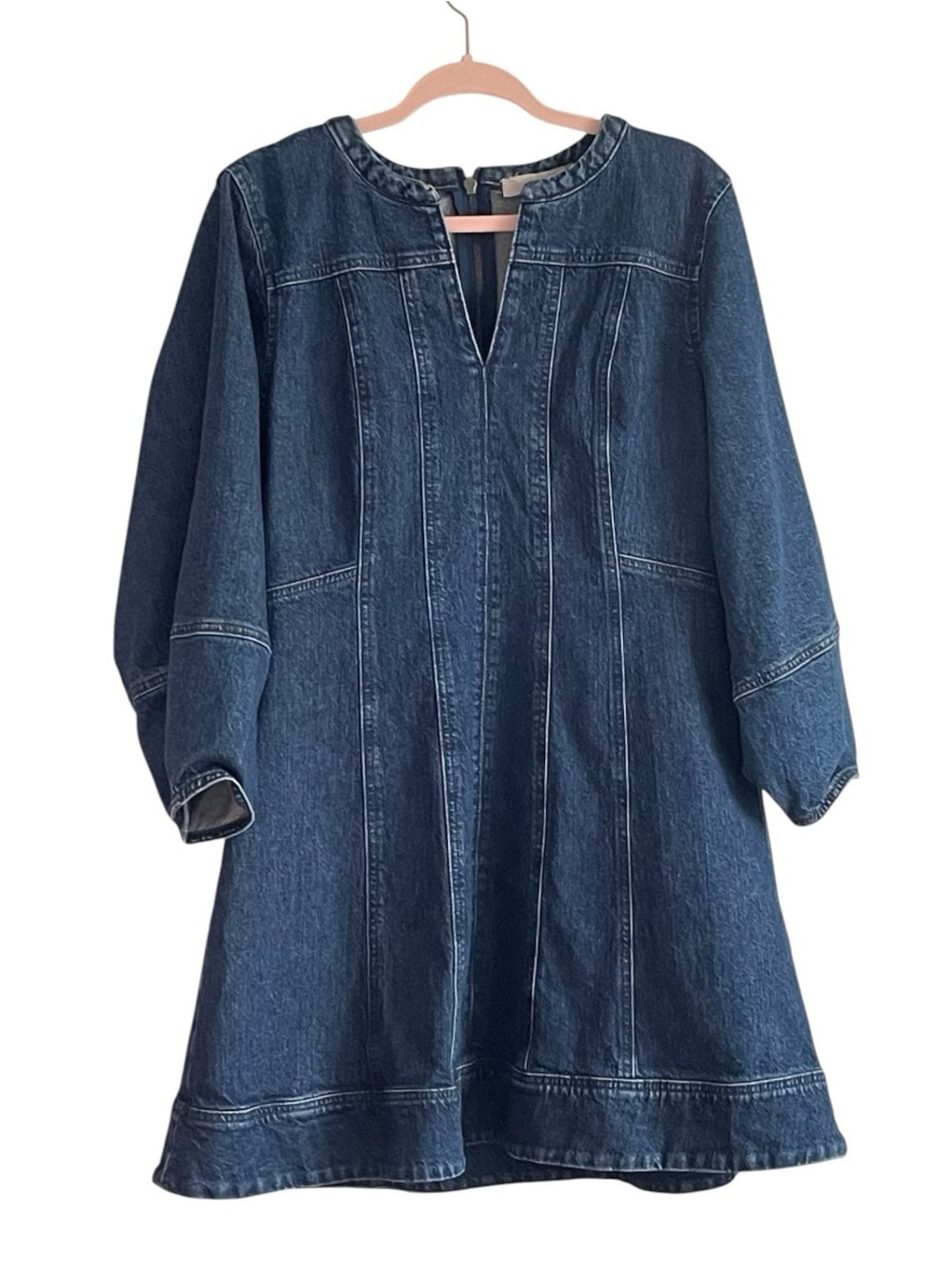 LOFT Seamed Barrel Sleeve Denim Mini Dress Blue Size 14 Cotton western - Picture 4 of 6